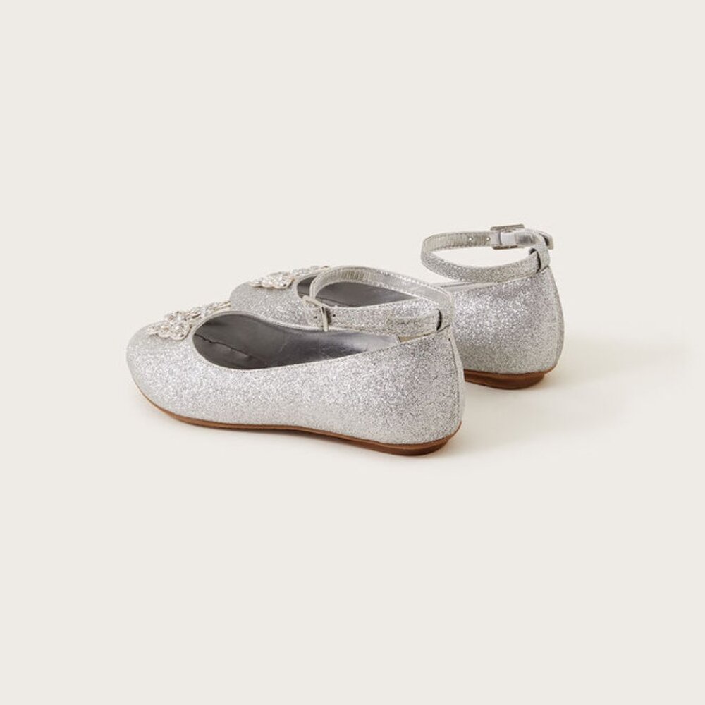 Monsoon Silver Sparkle Girls' Strap Flats 
Glitter Butterfly Ballerina Style